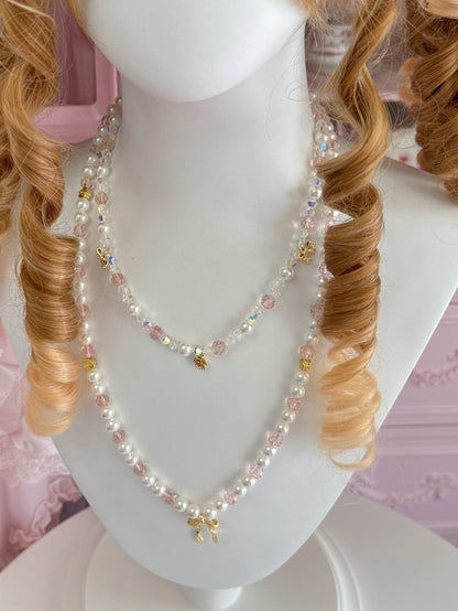 Pink/Blue Bowknot And Floral Pendant Beaded Necklace