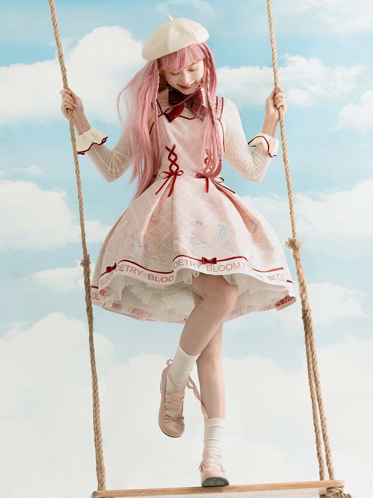 Pink and Red Trimming Lace-up Front Lolita Jumper Skirt