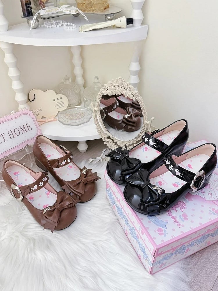 Puppy Buckle & Bow Accents PU Brown Mid Heels in Sweet Lolita