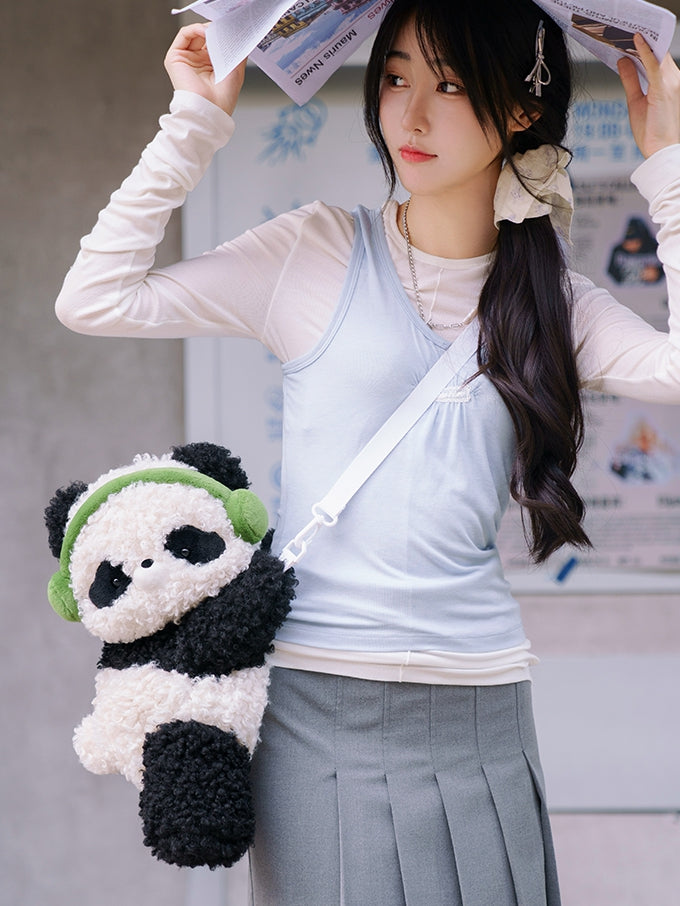 Cute Curly Plush Panda Black&White Backpack/Crossbody Bag+ Keychain