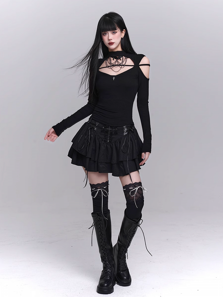 Black Crew Neck Cutout Shoulder Cross Embellished Top