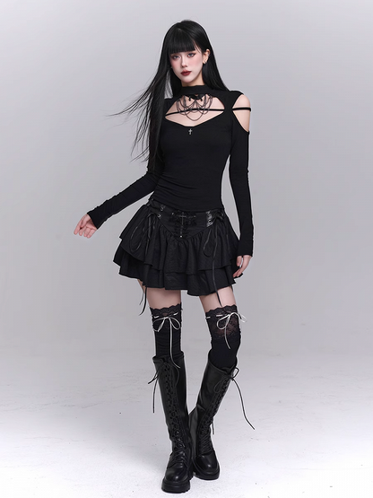 Black Crew Neck Cutout Shoulder Cross Embellished Top