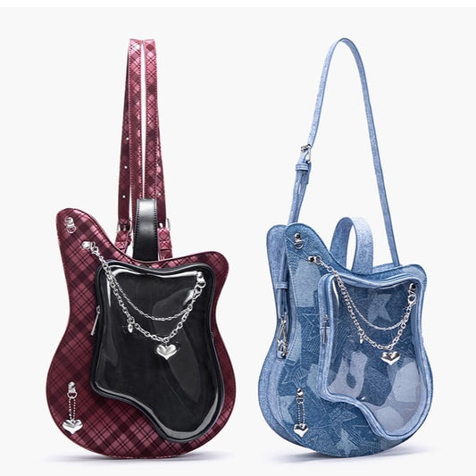 Edgy 2-Way Y2K Black & Red Plaid Guitar-Shaped Ita Bag With Heart Chain Accents