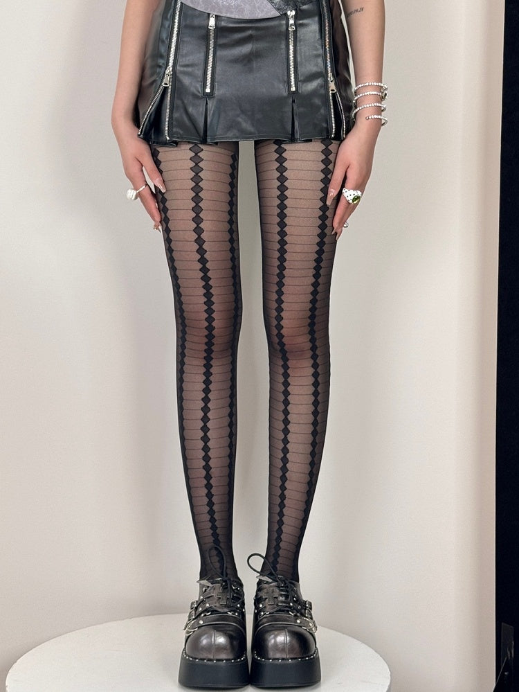 Black Punk Striped And Diamond Pattern Tights