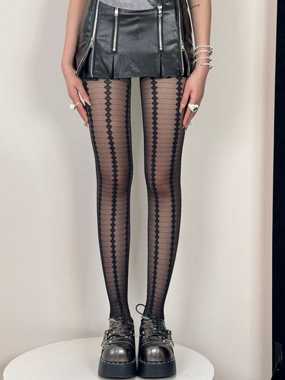 Black Punk Striped And Diamond Pattern Tights