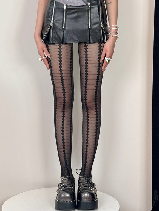 Black Punk Striped And Diamond Pattern Tights