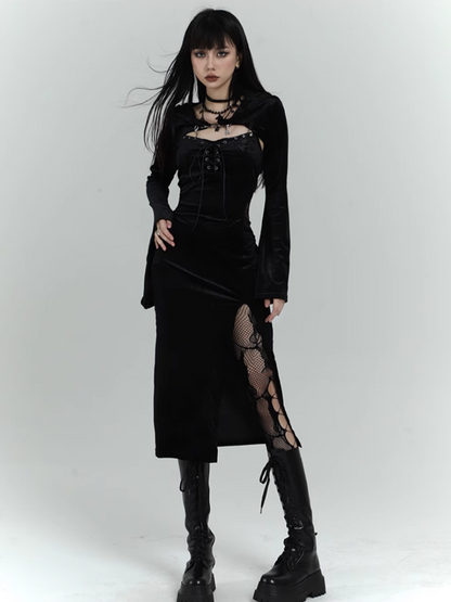 Gothic Black Velvet Side Slit Slip Dress with Bell Sleeves Hooded Top Set