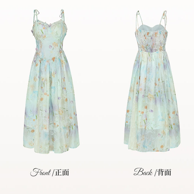 Plus Size Lace Patches Hem Oil Painting Print White Holiday Cami Dress