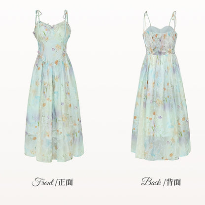 Plus Size Lace Patches Hem Oil Painting Print White Holiday Cami Dress