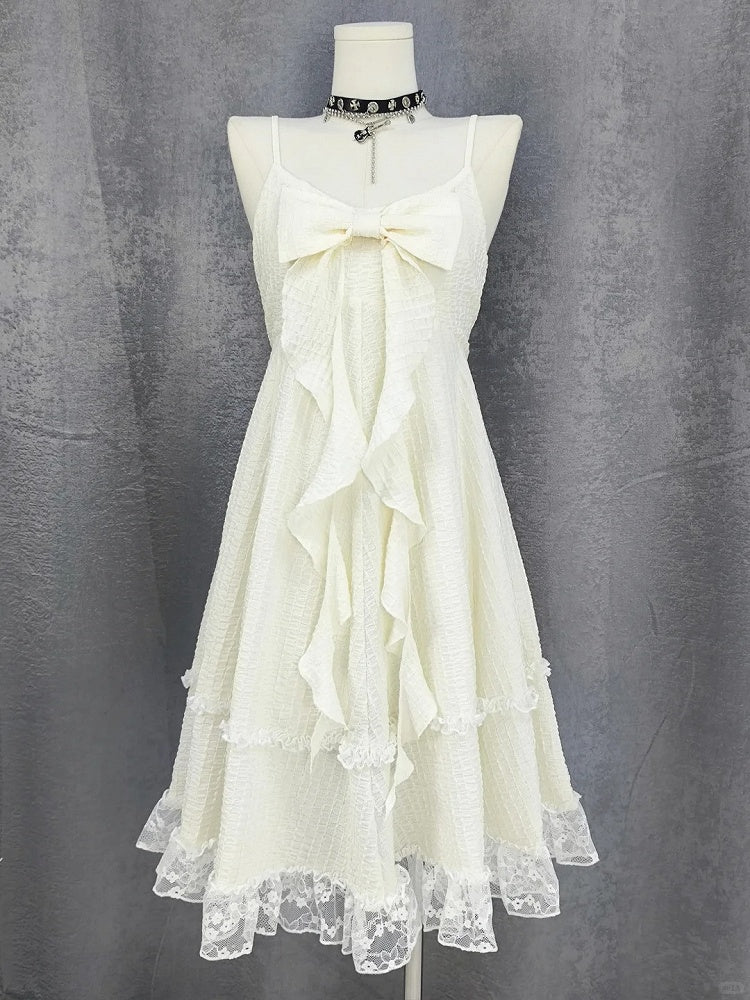 Apricot Big Bow Neckline Lace Trim Cami Dress Bubble Skirt