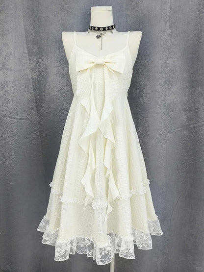 Apricot Big Bow Neckline Lace Trim Cami Dress Bubble Skirt