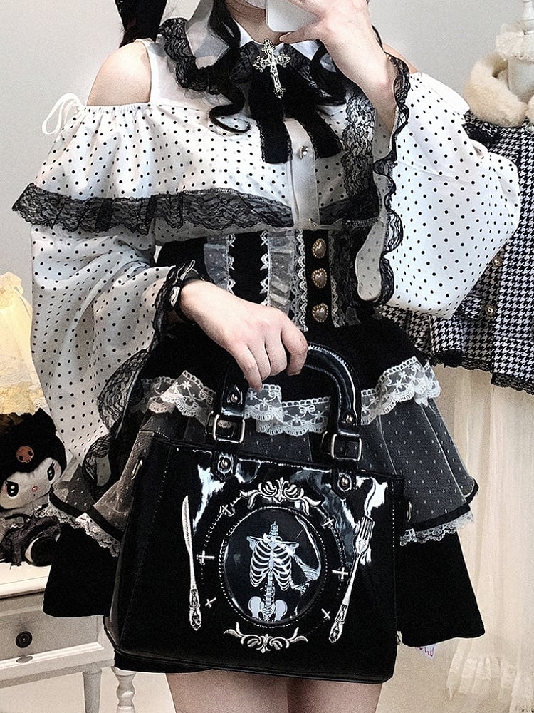 Jirai Kei White / Pink Polka-dot Blouse | Bell Sleeves, Cut-Out Shoulder with Drawstring & Heart Buttons