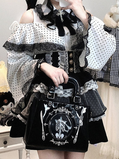 Jirai Kei White / Pink Polka-dot Blouse | Bell Sleeves, Cut-Out Shoulder with Drawstring & Heart Buttons