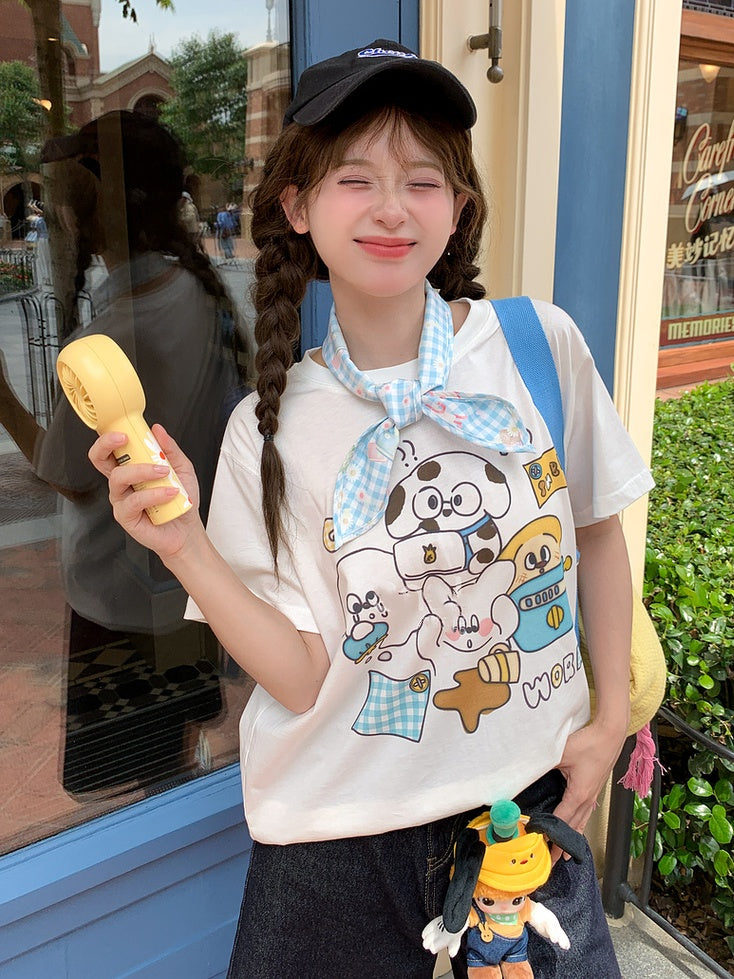 Adorable Animal Print White Round Neck Loose Cotton T-shirt