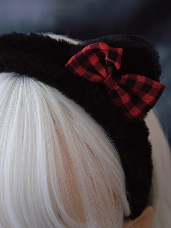 Black Cat Ear With Red Plaid Pattern Bowknot And Heart Charm Details KC