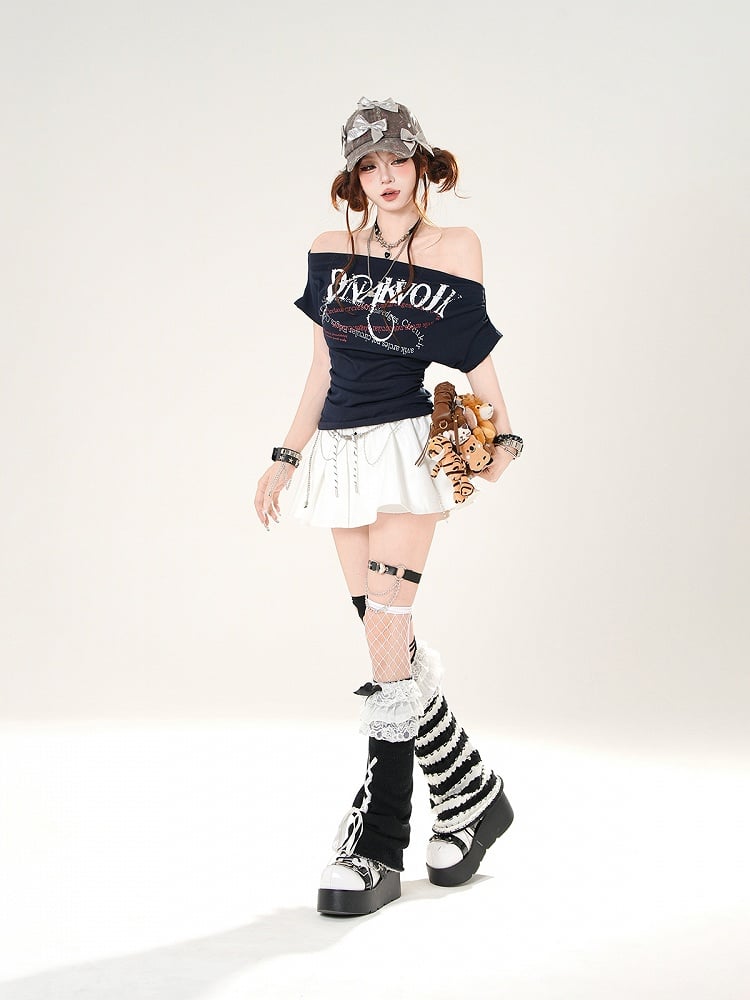 Off-the-shoulder Neckline Letter Print Gray/Navy Blue Slim-fitting T-shirt