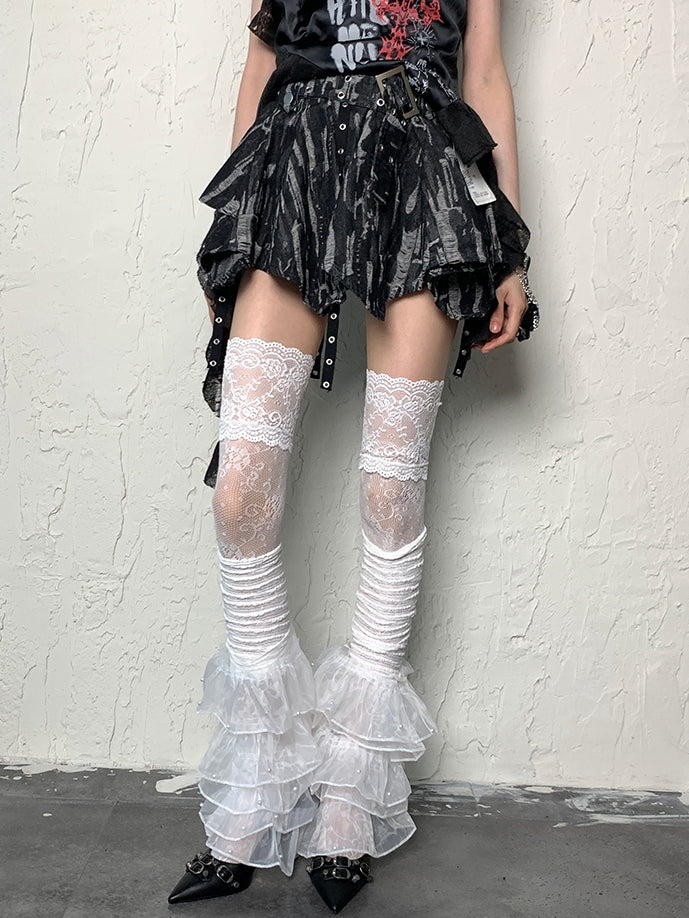 White Bittersweet Floral Pattern Over-knee Stockings