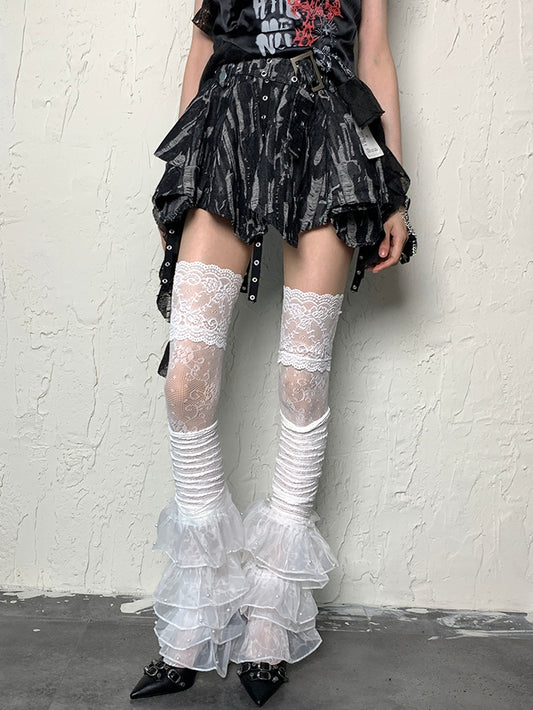 White Bittersweet Floral Pattern Over-knee Stockings