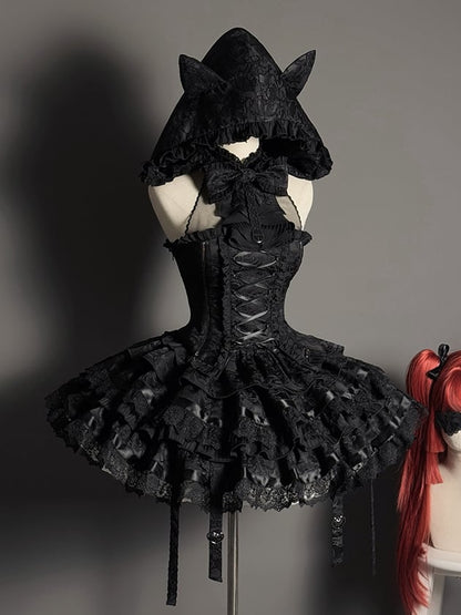 Clearance-Size M for Bust 85-99CM Black Halter Neck Sleeveless Top + Waist 64-100CM Kuro Gothic Lolita Tiered Skirt Full Set