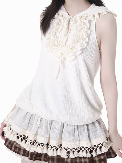 Beige Bohemian Tassel Hem Tiered Ruffles Self-tie Keyhole Neckline Hooded Sleeveless Top
