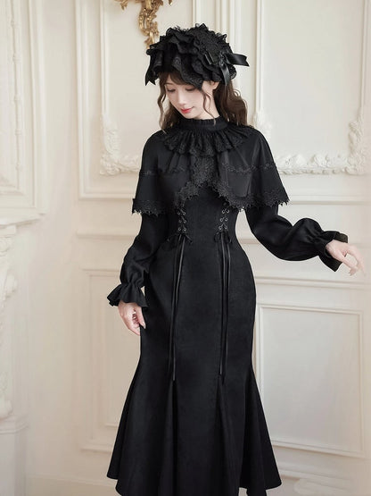 Black Jirai Kei-inspired Elegant Mermaid Dress with False Two-Piece Cape