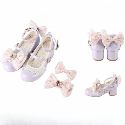 Polished Purple&Pink Detachable Rhinestone And Beaded Decorated Bowknot Lace Trim 4.5CM Block Heels Shoes