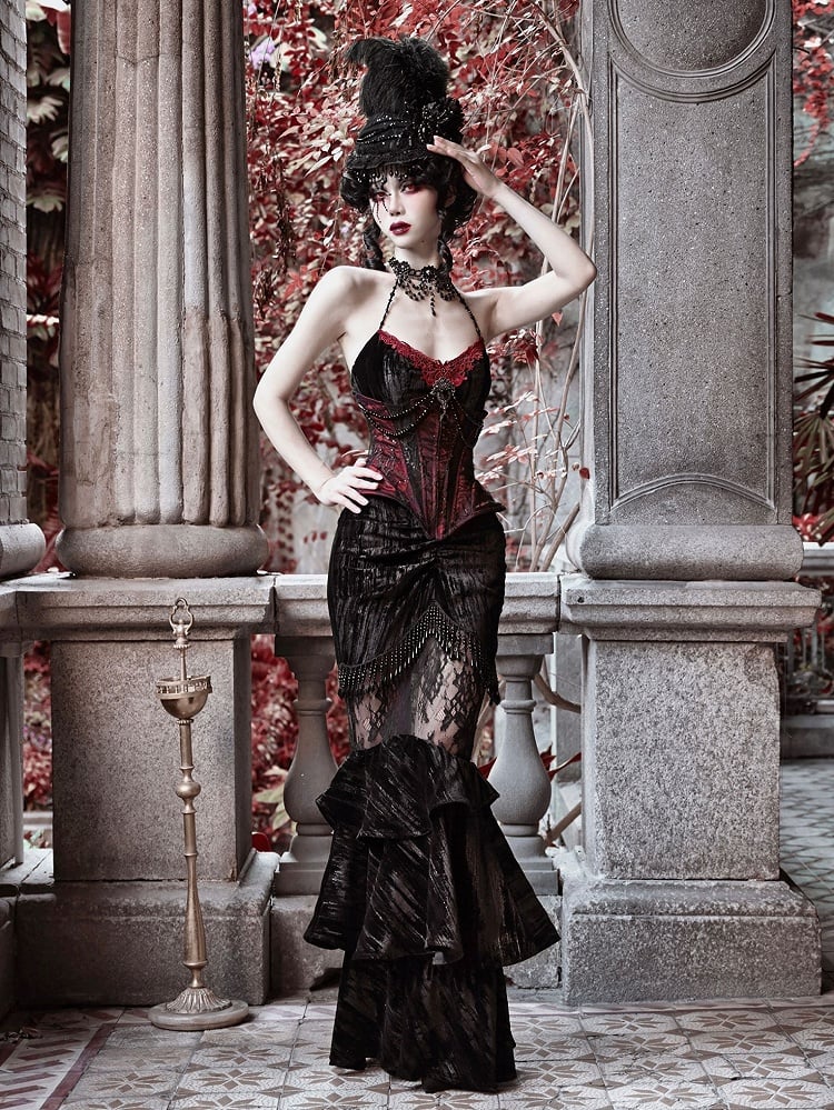 Victorian Goth Spiderweb Lace Wine Red Vampire Boned Corset