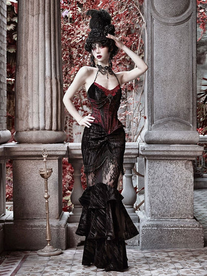 Victorian Goth Spiderweb Lace Wine Red Vampire Boned Corset
