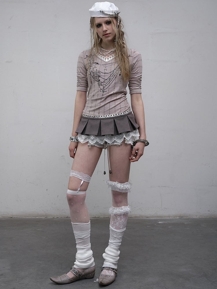 Pink/Blue Wasteland Punk Lace Trim Bowknot Decorated Box Pleat Mini Skirt