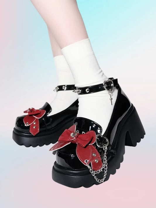 Black&Red Punk Bowknot Decorated Butterfly Heart Buckles Studs Details Platforms