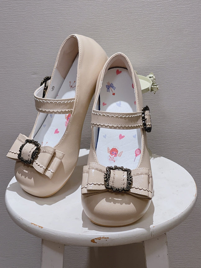 Sophisticated Beige Low Heels - PU Leather with Round Toe, Delicate Bow & Frame Embellishments