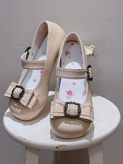 Sophisticated Beige Low Heels - PU Leather with Round Toe, Delicate Bow & Frame Embellishments