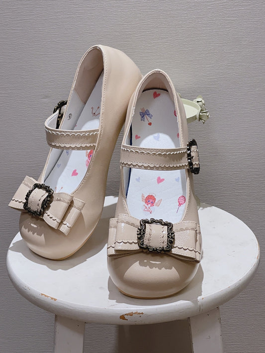 Sophisticated Beige Low Heels - PU Leather with Round Toe, Delicate Bow & Frame Embellishments