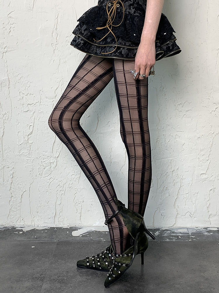 Black Wasteland Punk Plaid Pattern Tights