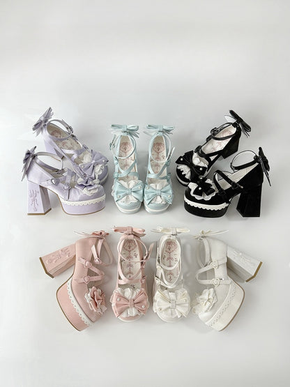 Purple Lolita Lace Bowknot Buckle Straps Fork Embroidery Platform Block High Heels