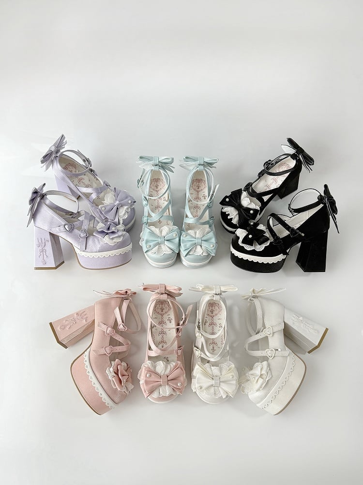 Blue Lolita Lace Bowknot Buckle Straps Fork Embroidery Platform Block High Heels