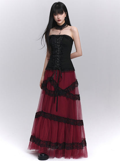 Contrast Black Lace Trim Wine Red Floor Length Mesh Skirt