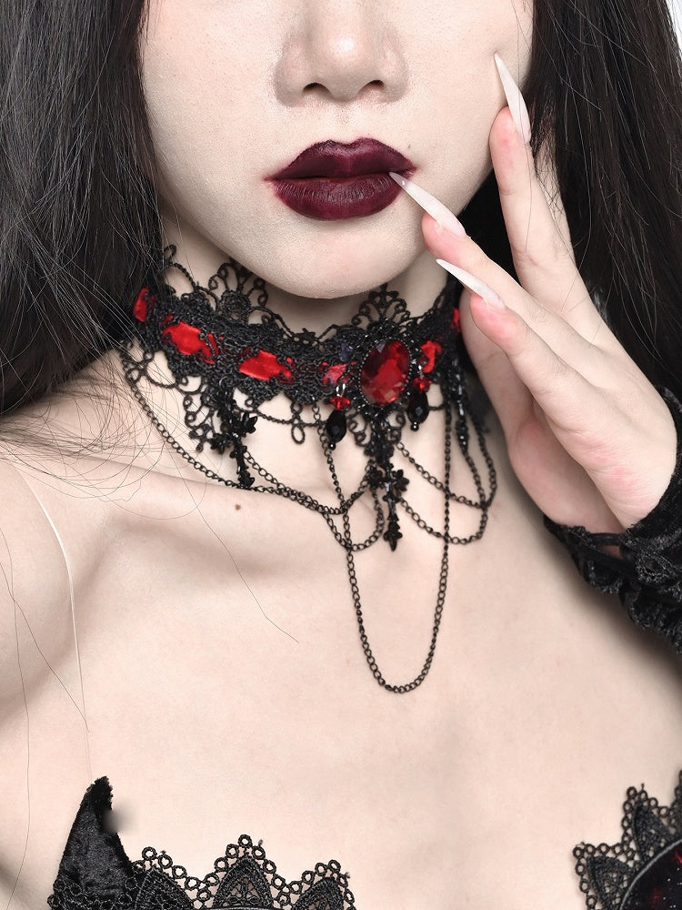 Dark Gothic Cross Pendants Black&Red Choker