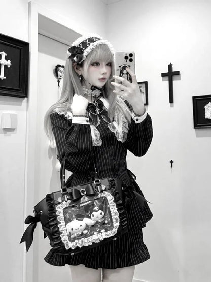 Jirai Kei Black Lace Trim Ita Tote – Large Capacity, Top Handle