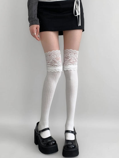 White/Black/Dark Gray/Beige/Light Gray Lace Trim Knitted Over-knee Stockings
