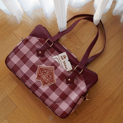 Plaid Pattern Large Capacity Wine Red Ita Tote Bag
