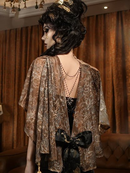 Gold High-low Design Cutout Back Shawl with Tassels and Bead Chain