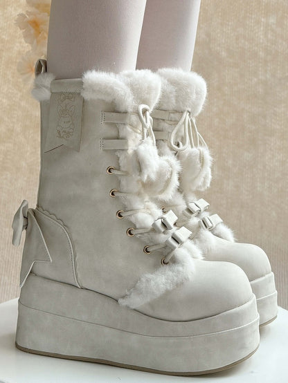 Platform Sweet White Winter Boots for Lolita - Fleece Lining with Heart And Star Pompon Charm Shoelaces & Bow Decor