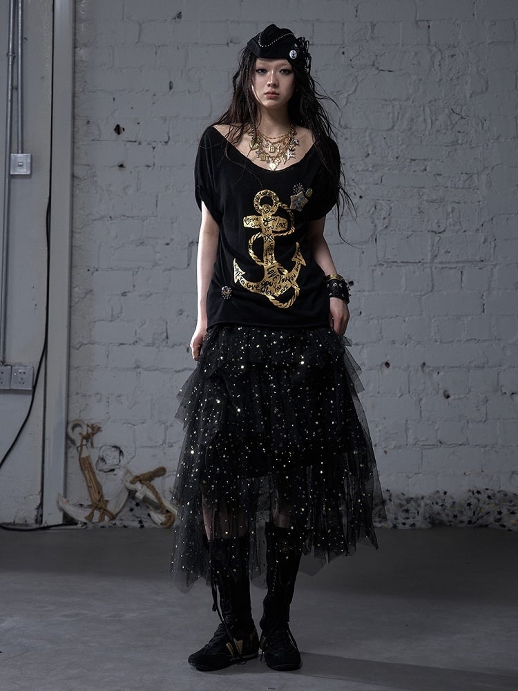 Black/White/Apricot Elastic Waist Sequin Details Tiered Mesh Skirt