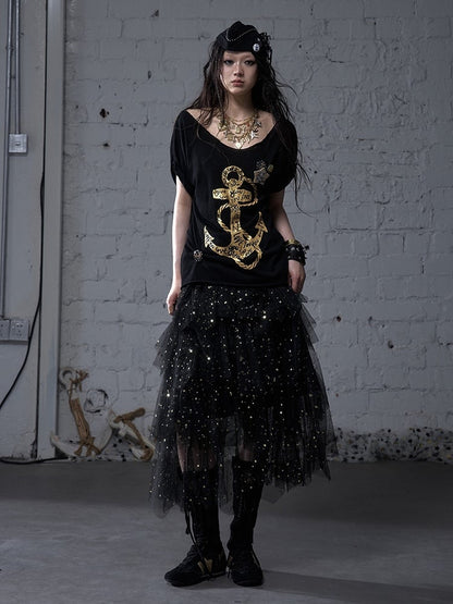 Black/White/Apricot Elastic Waist Sequin Details Tiered Mesh Skirt