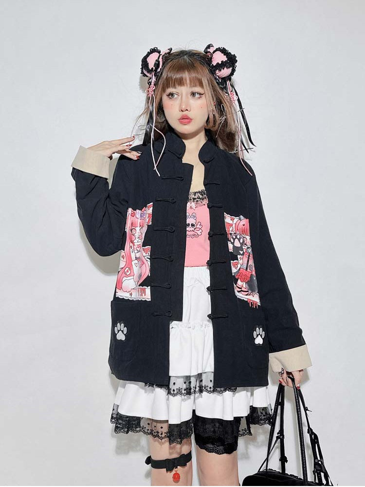 Black Cartoon Anime Print Banded Collar Oversized Top