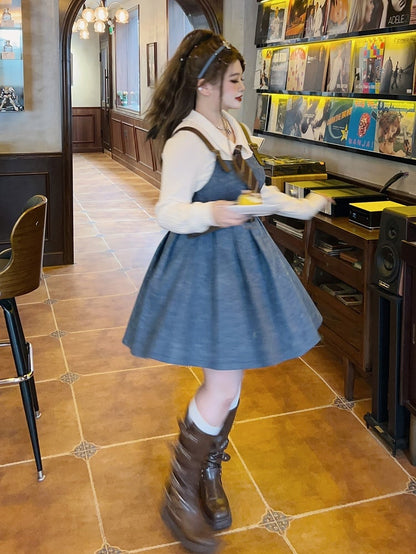 Plus Size White Shirt / Blue Denim Overalls Pleated Skirt