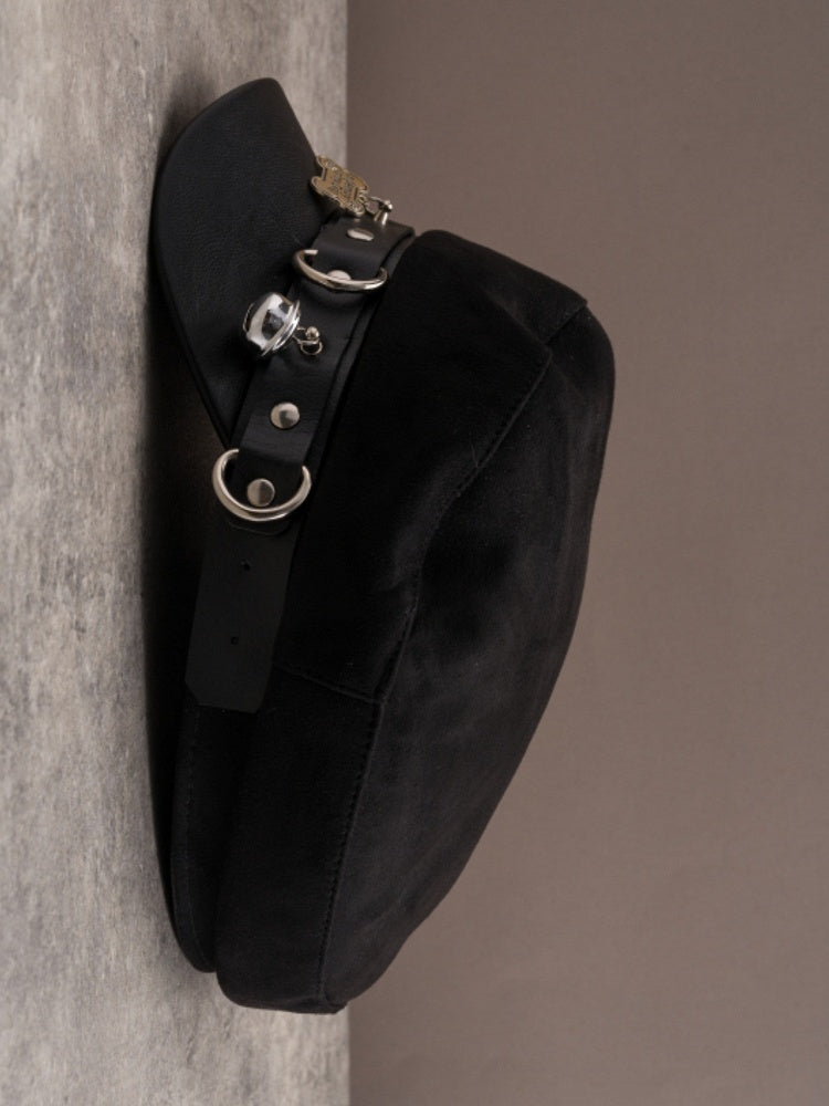 Black Gothic Studs Details Bone And Cross Charm Beret Hat