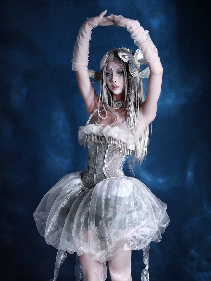 Birdcage Design Hem Shiny Sequins Boning Corset Dress + Jellyfish Overlay