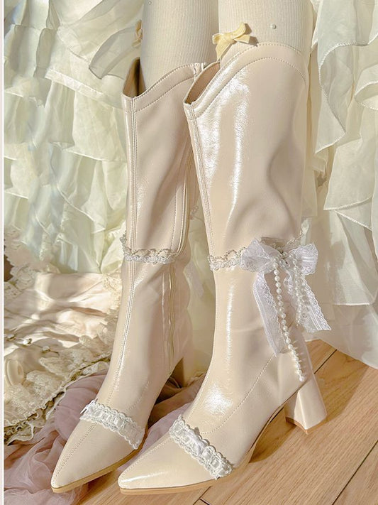 Beige Pointed Toe Lace and Beaded Chain 7CM Block Heel Knee-high Boots